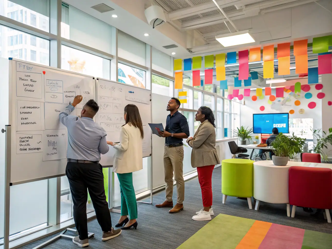 An image depicting a brainstorming session on creative financing strategies, with charts and graphs illustrating potential investment growth.